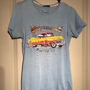 Sisley Graphic Tee | Retro Car Print | Soft Blue T-Shirt | Size S